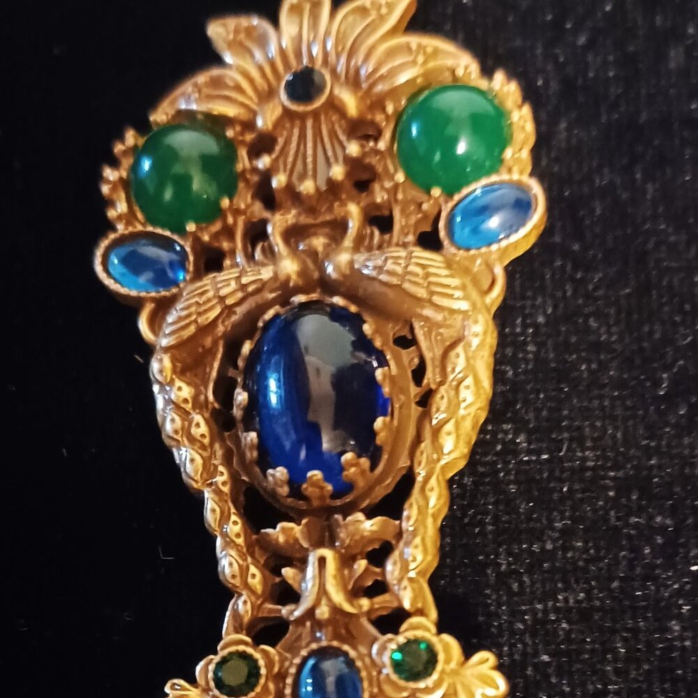 Large Vtg ASKEW Peacocks Faux Jade Emerald Sapphire Pin Art Nouveau London - Picture 2 of 6